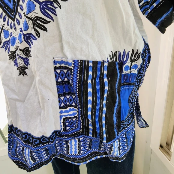 Blue & White Traditional Print Short Sleeve Cotton Dashiki Tunic Shirt Unisex - Picture 8 of 15
